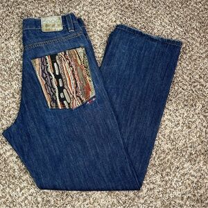 Vintage Y2K COOGI Dark Blue Denim Jeans with Multicolor Woven Embroidered Pocket